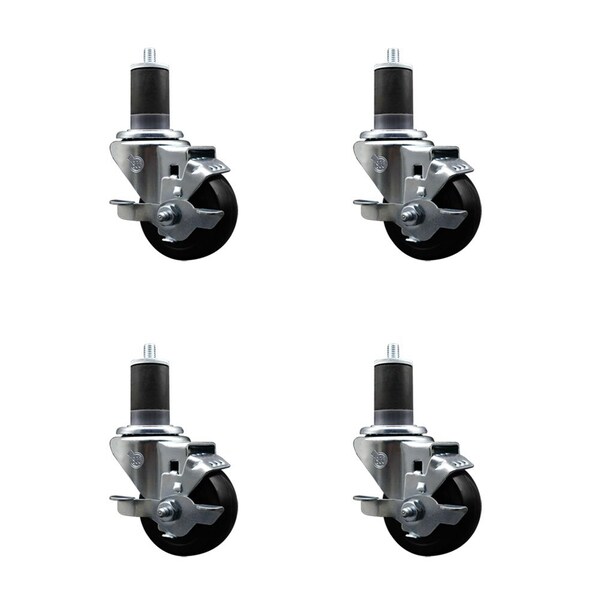 Service Caster 3'' SS Soft Rubber Swivel 1-5/8'' Expanding Stem Caster Set with Brake, 4PK SCC-SSEX20S314-SRS-TLB-158-4 - main